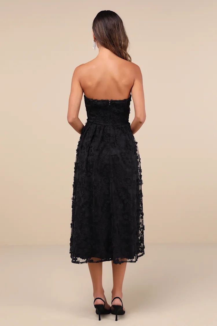 Quite Perfect Black Floral Embroidered Strapless Midi Dress | Lulus