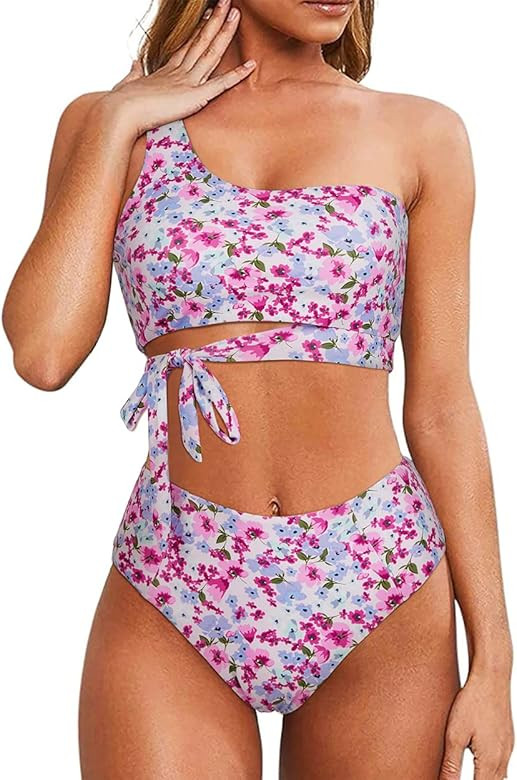 MOOSLOVER Women One Shoulder High Waisted Bikini Tie High Cut Two Piece Swimsuits | Amazon (US)