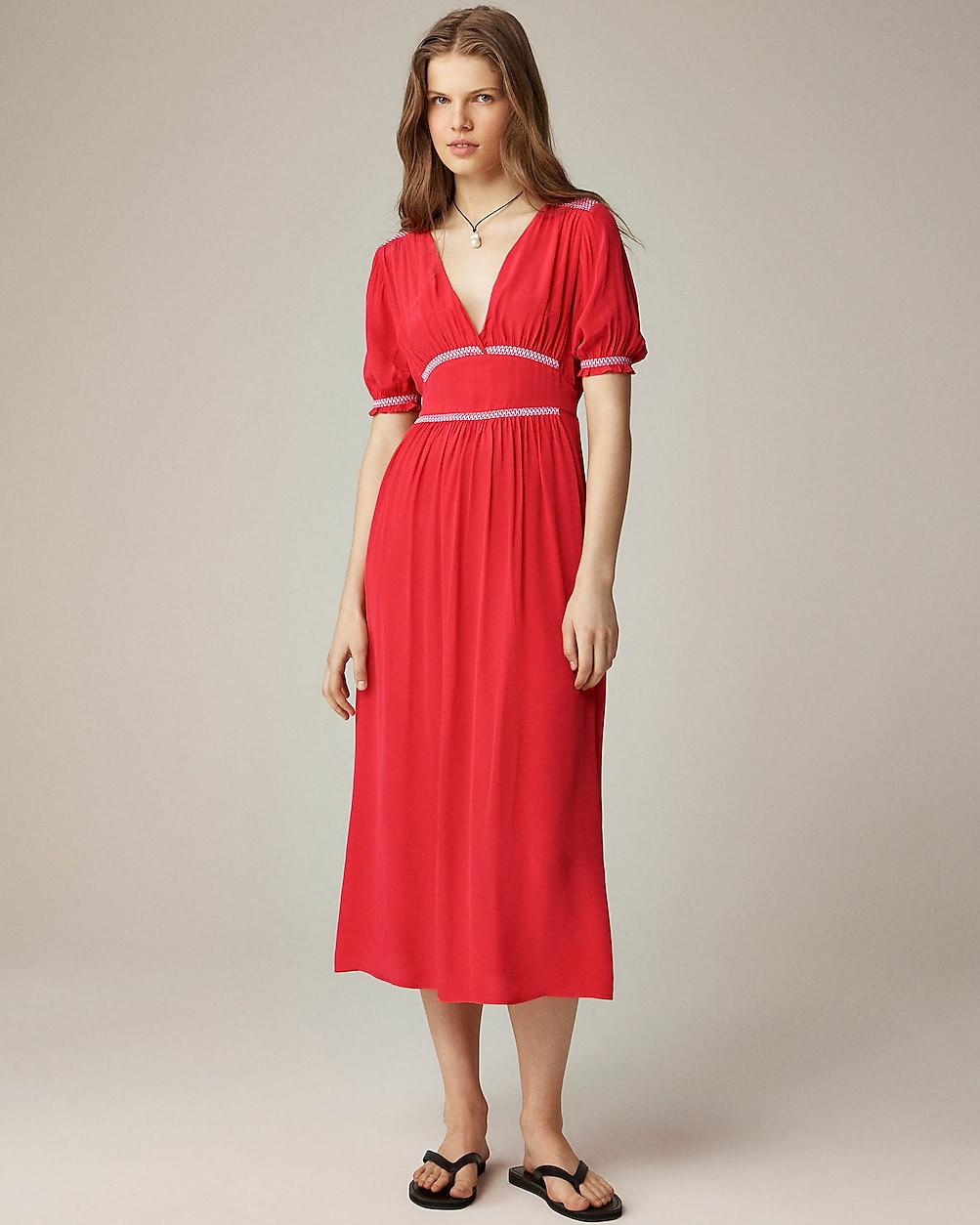 Smocked-trim midi dress in crepe de chine | J. Crew US