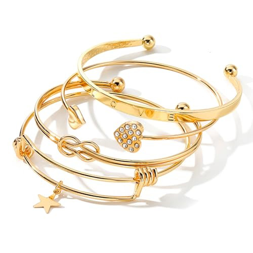 17IF Gold Bangle Pack For Women 14k Plated Multi Layer Cuff Bracelets Set Trendy Boho Textured Indian Punk Chunky Cable Smooth Bangles Elegance Minimalist Jewelry Gift | Amazon (US)