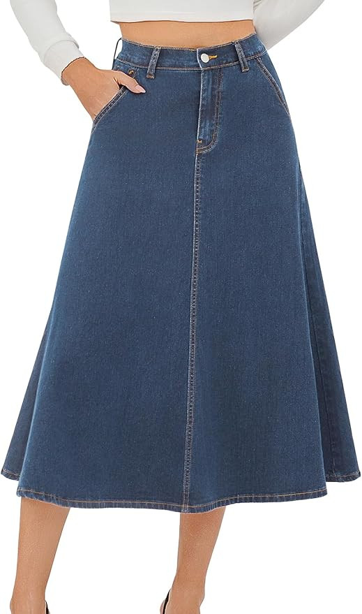 HUSKARY Women's Stretchy High Wasited A Line Long Maxi Jean Skirt Below Knee Length Flared Midi D... | Amazon (US)