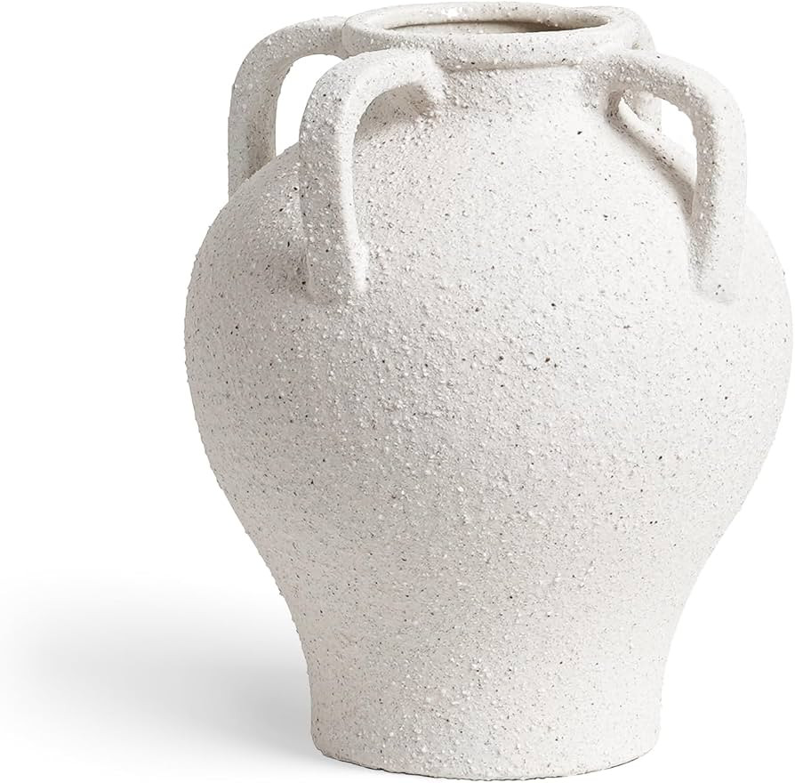 White Ceramic Vase - 8.8 Inch Rustic Farmhouse Centerpieces with Handles for Home Decor, Decorati... | Amazon (US)