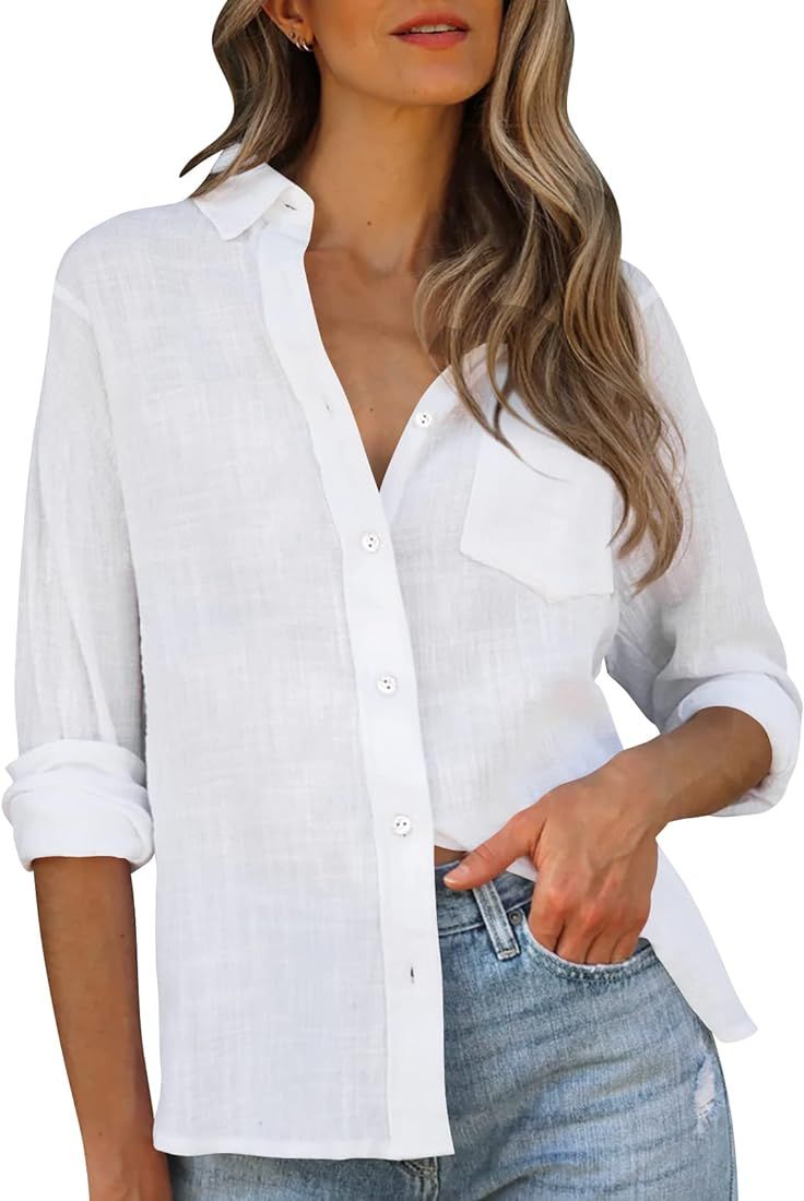 Womens V Neck Button Down Shirt Cotton Linen Long Sleeve Casual Blouse Loose Fit Tops | Amazon (US)