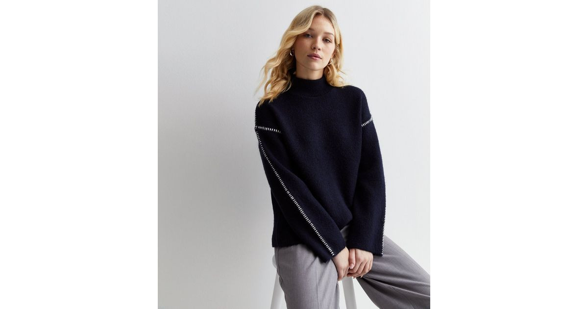 Navy Edge Stitch Mock Neck Jumper | New Look | New Look (UK)