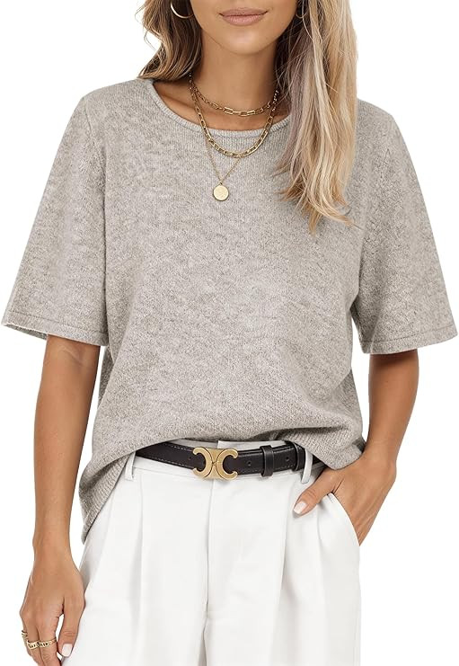 Sweaters for Women Short Sleeve Oversized Crew Neck Knitted Pullover Sweater Trendy Casual Loose ... | Amazon (US)