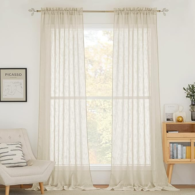 RYB HOME Semi Sheer Curtains - Linen Textured Privacy Sheer Light Glare Filtering Window Decor fo... | Amazon (US)