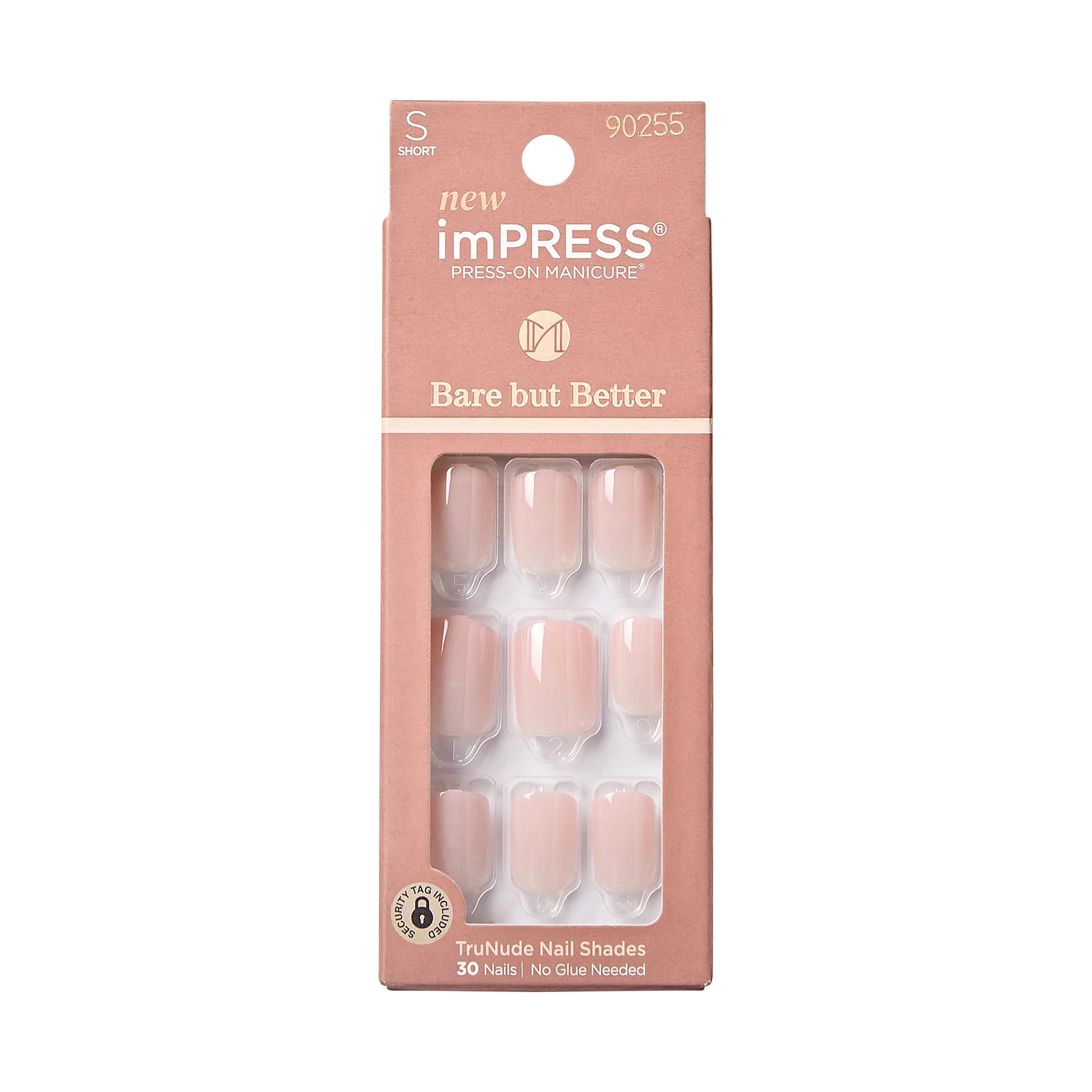 KISS imPRESS Bare but better Short Square Gel Press-On Nails, Glossy Light Pink, 30 Pieces | Walmart (US)