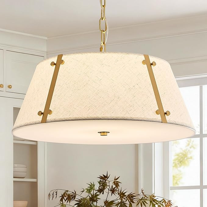 Gold Drum Chandelier 18” Modern Fabric Pendant Light Fixture Linen Farmhouse 4-Light Round Hang... | Amazon (US)
