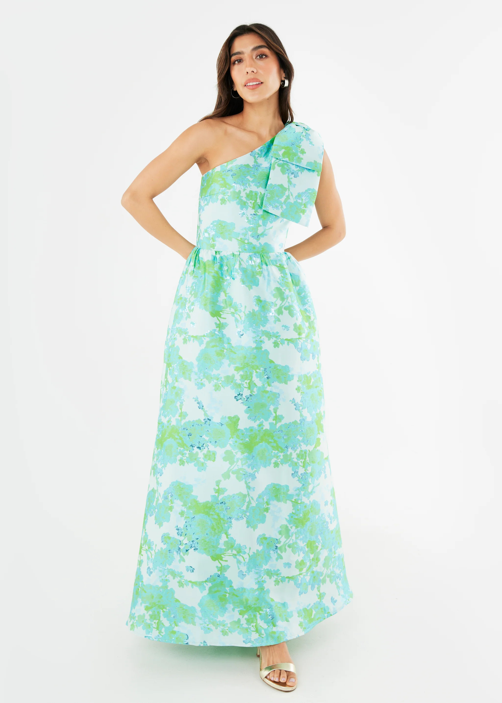 Caroline Gown Green Abstract Brocade | Abbey Glass