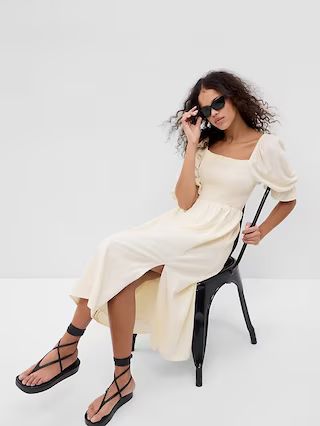 Linen-Blend Puff Sleeve Midi Dress | Gap (US)