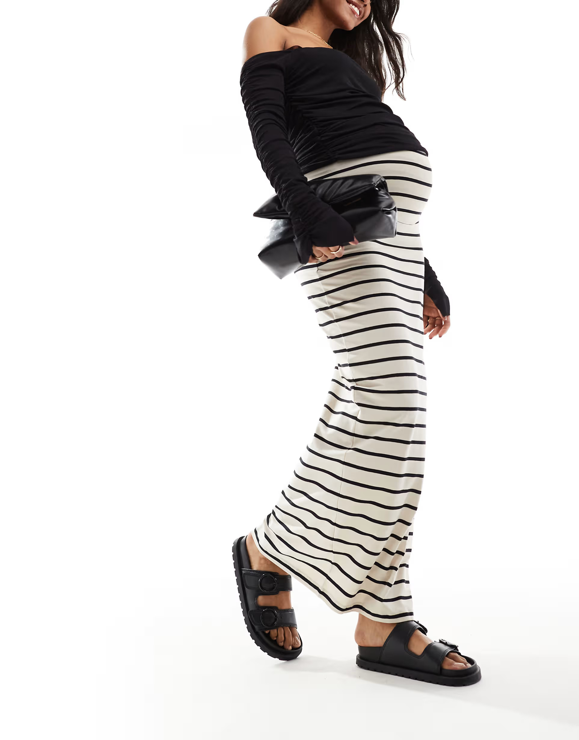 Mamalicious - Jupe longue de grossesse recouvrant le ventre en jersey rayé - Crème | ASOS (Global)