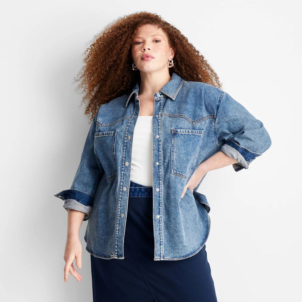 Women's Long Sleeve Collared Western Denim Button-Down Shirt - Future Collective Medium Wash | Target