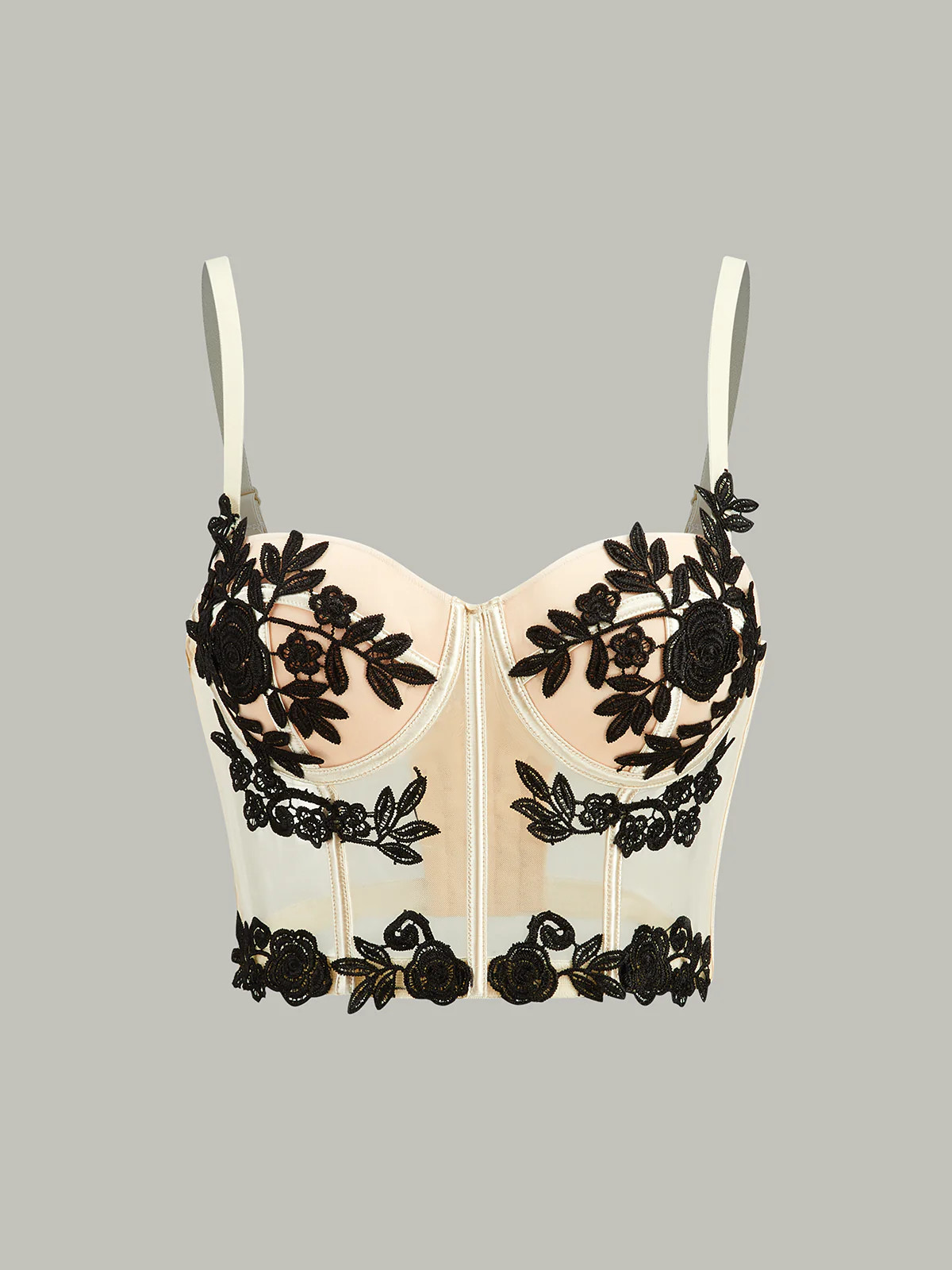 Semi-Sheer Floral Embroidery Mesh Corset Top | Commense