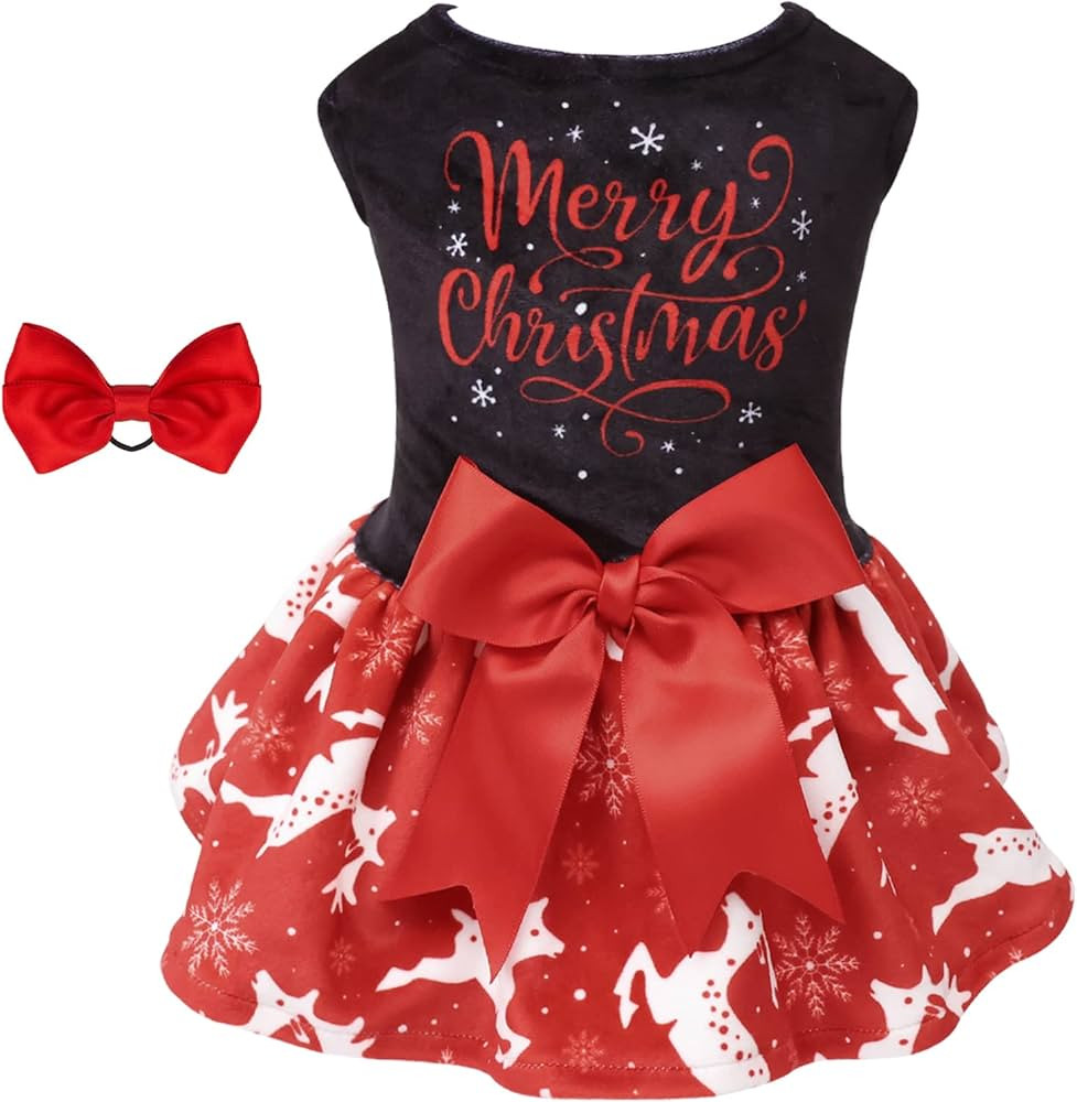 CuteBone Merry Christmas Dog Dress Velvet for Small Dogs Girl Reindeer Puppy Dresses Red Dog Clot... | Amazon (US)