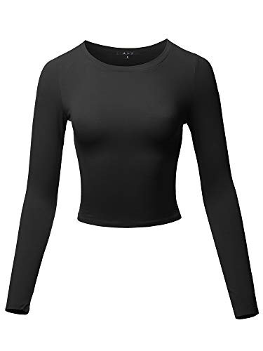 Basic Solid Stretchable Crew Neck Long Sleeve Crop Top Black L | Amazon (US)