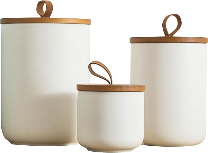 Canister Sets for Kitchen, White Ceramic Kitchen Canisters for Countertop with Airtight Wood Lids... | Amazon (US)
