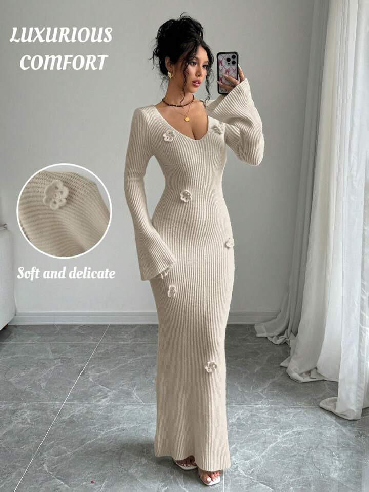 Elenzga Women's Floral 3D Embroidery Fitted Dress, Elegant V-Neck Sexy Solid Color Knit Sweater Dress For Holiday Party | SHEIN