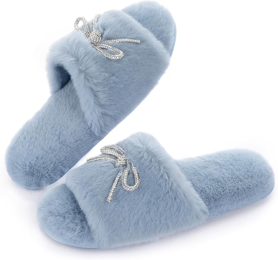 ULTRAIDEAS Women's Fuzzy House Slippers Fancy Open Toe Slides Slippers with Rhinestone Bowknot an... | Amazon (US)