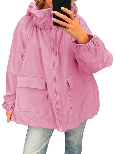Fisoew Womens Oversized Lightweight Jacket Hooded Trench Coat Windbreaker Waterproof Raincoat With Pockets for Outdoor | Amazon (US)