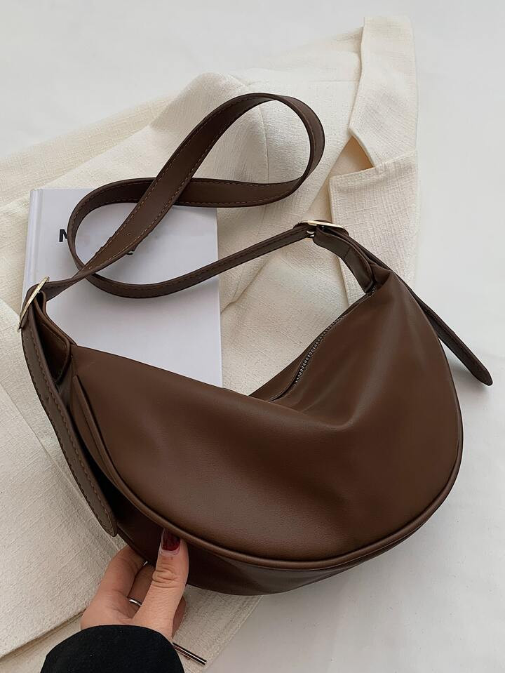 Versatile Fashion Casual Distinctive Design Minimalist Solid Color Zipper Shoulder Saddle Bag, Large Capacity For Commuting | SHEIN