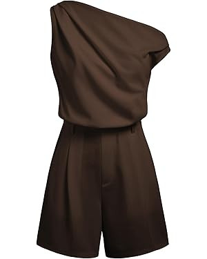 CIDER Women Asymmetrical Neck Pleated Jumpsuit Casual One Shoulder Solid Mini Rompers with Pocket | Amazon (US)