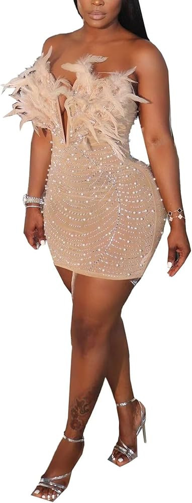 LROSEY Birthday Dresses for Women Sexy Strapless Mini Dress with Rhinestone Feather Party Cocktai... | Amazon (US)