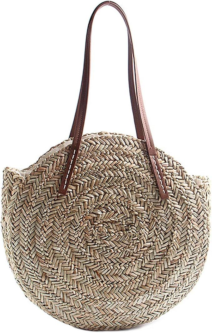 Women Round Straw Shoulder Bag Tote Summer Woven Beach Bags | Amazon (US)