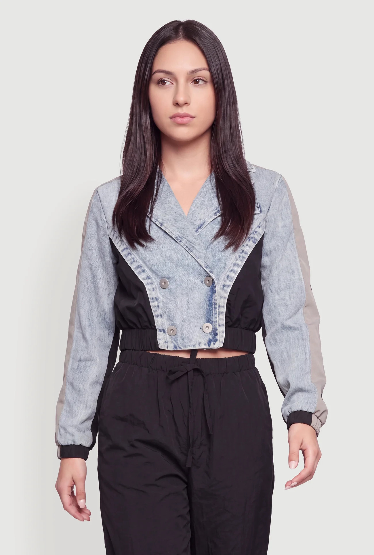 Double Breasted Mixed Media Cropped Jacket | Rainbow Shops