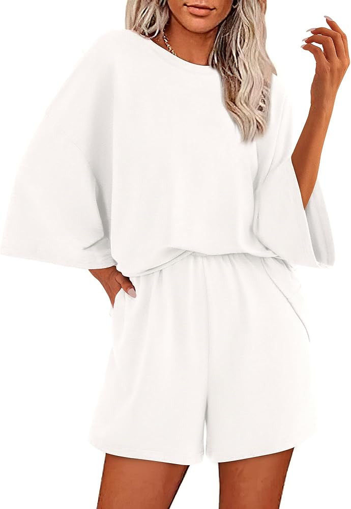 BTFBM Women Summer 2 Piece Outfits 2025 Matching Set Casual 3/4 Sleeve Tops Elastic Waist Shorts ... | Amazon (US)