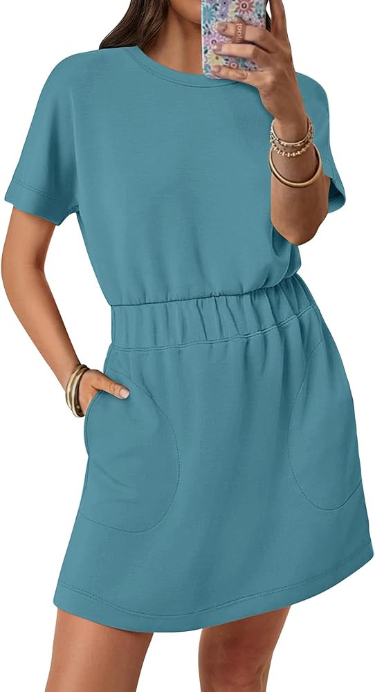 ANRABESS Womens Dresses 2025 Summer Casual Short Sleeve Crew Neck Elastic Waist Mini T Shirt Dres... | Amazon (US)
