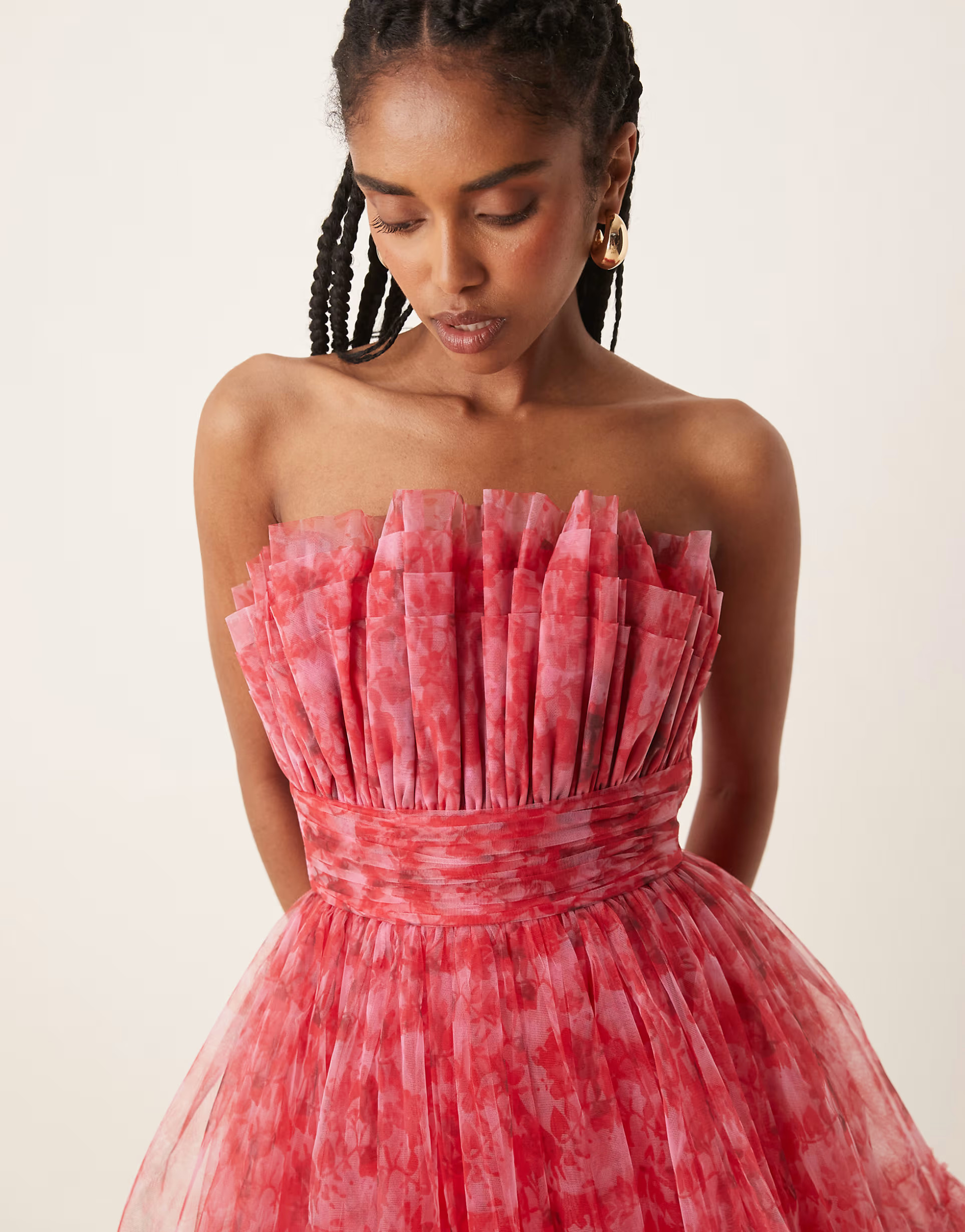 Lace & Beads bandeau structured tulle mini dress in red and pink floral | ASOS | ASOS (Global)