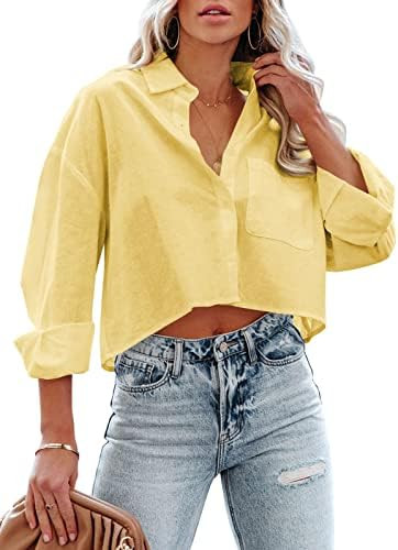 Tankaneo Womens Button Down Cropped Shirts Long Sleeve Casual Crop Tops Solid Lapel Blouse Shirt ... | Amazon (US)