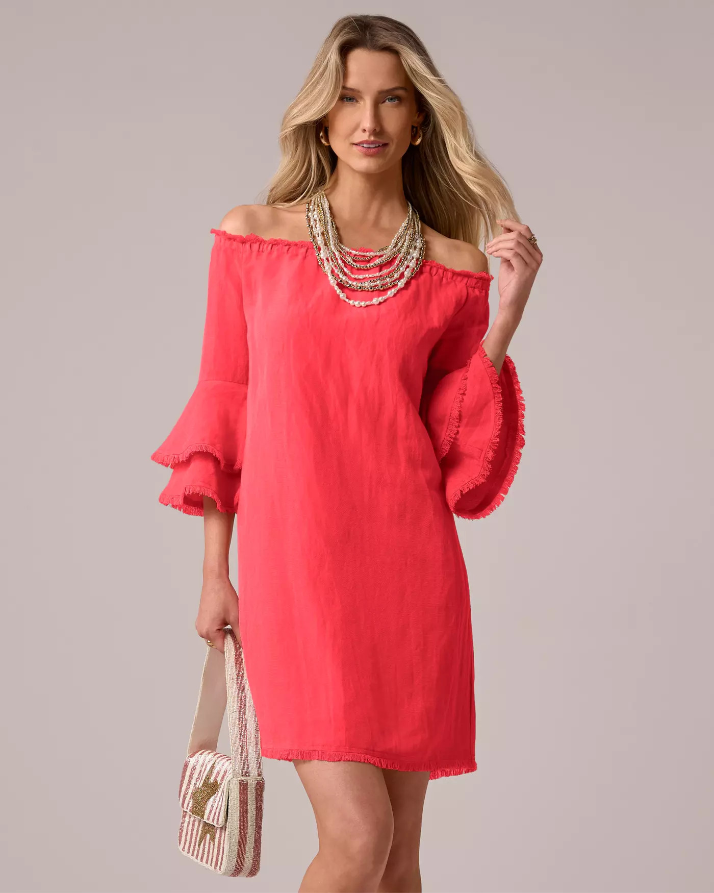 Linen Off The Shoulder Tiered Sleeve Shift Dress - Black | Boston Proper | Boston Proper