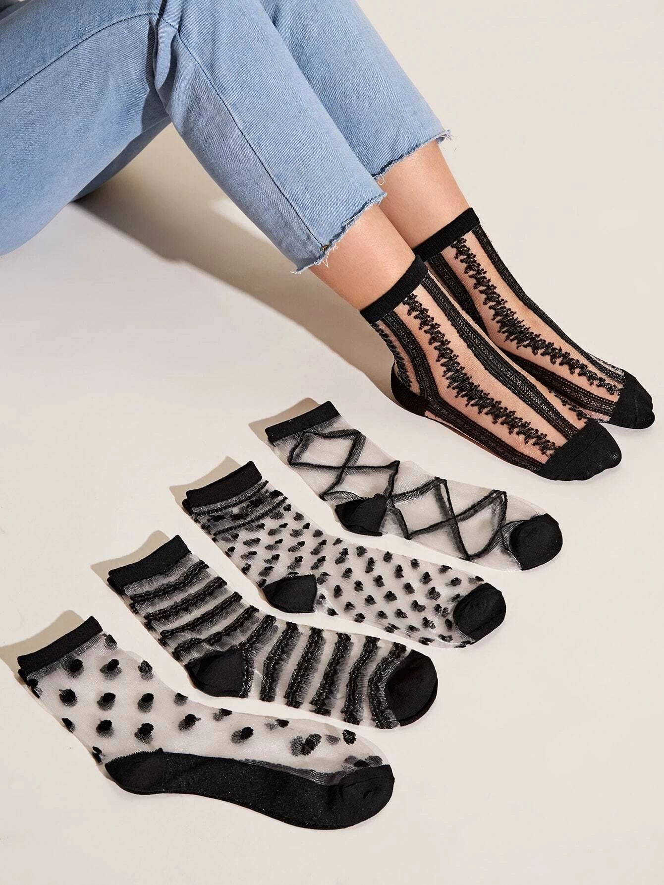 5pairs Heart & Striped Pattern Mesh Socks | SHEIN