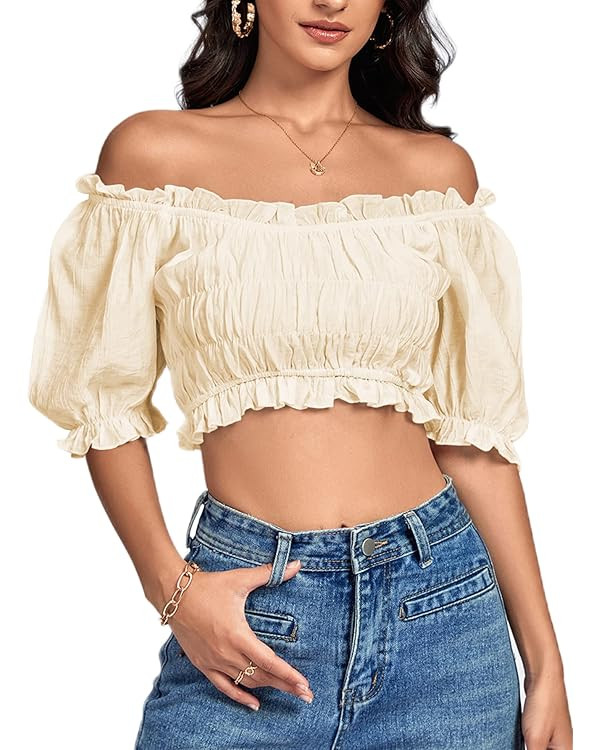 LYANER Women's Off Shoulder Ruffle Trim Ruched Short Sleeve Blouse Crop Top | Amazon (US)