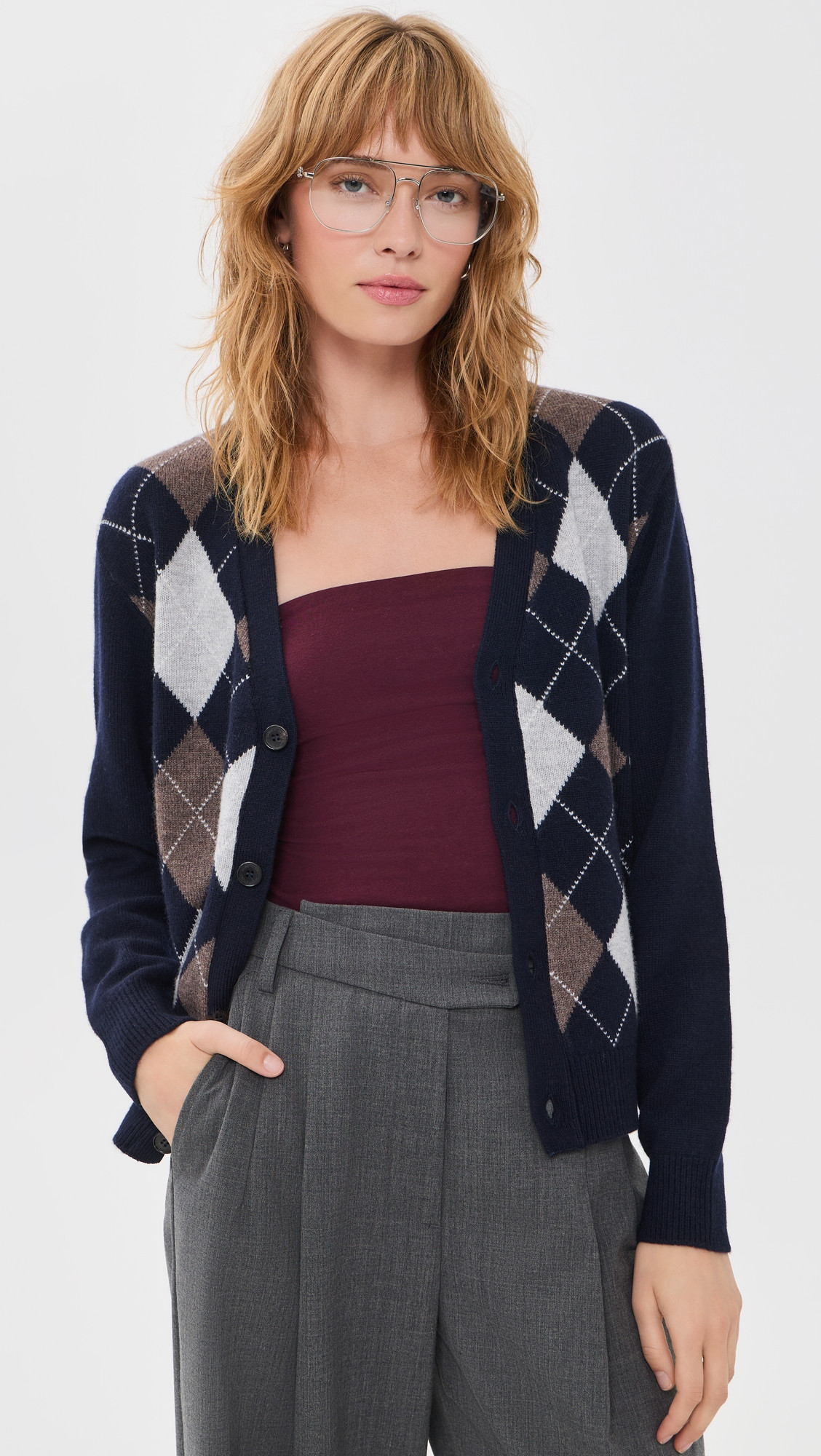 DUNST V-Neck Argyle Cardigan Navy XL | Shopbop