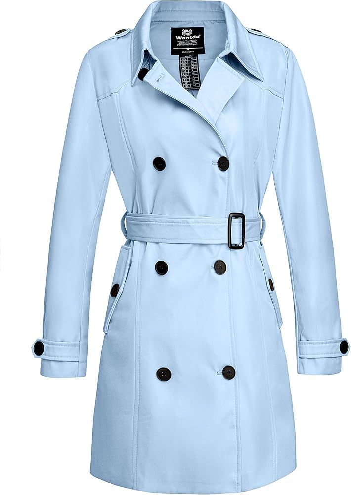 Amazon.com: Wantdo Women's Turn Down Collar Double-Breasted Long Trench Coat Blue L : Clothing, S... | Amazon (US)