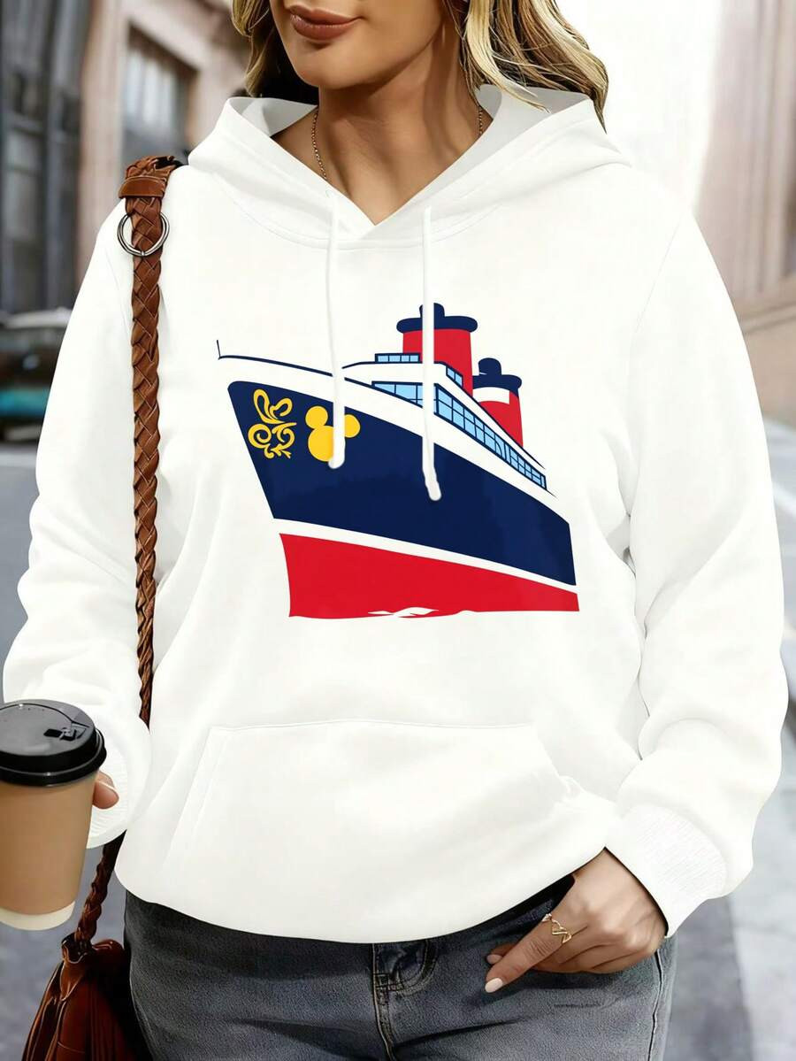 Disney Cruise Ship Mickey Mouse Logo Hoodie Women Black Sweatshirt Casual Pullover Hooded Top Fas... | SHEIN