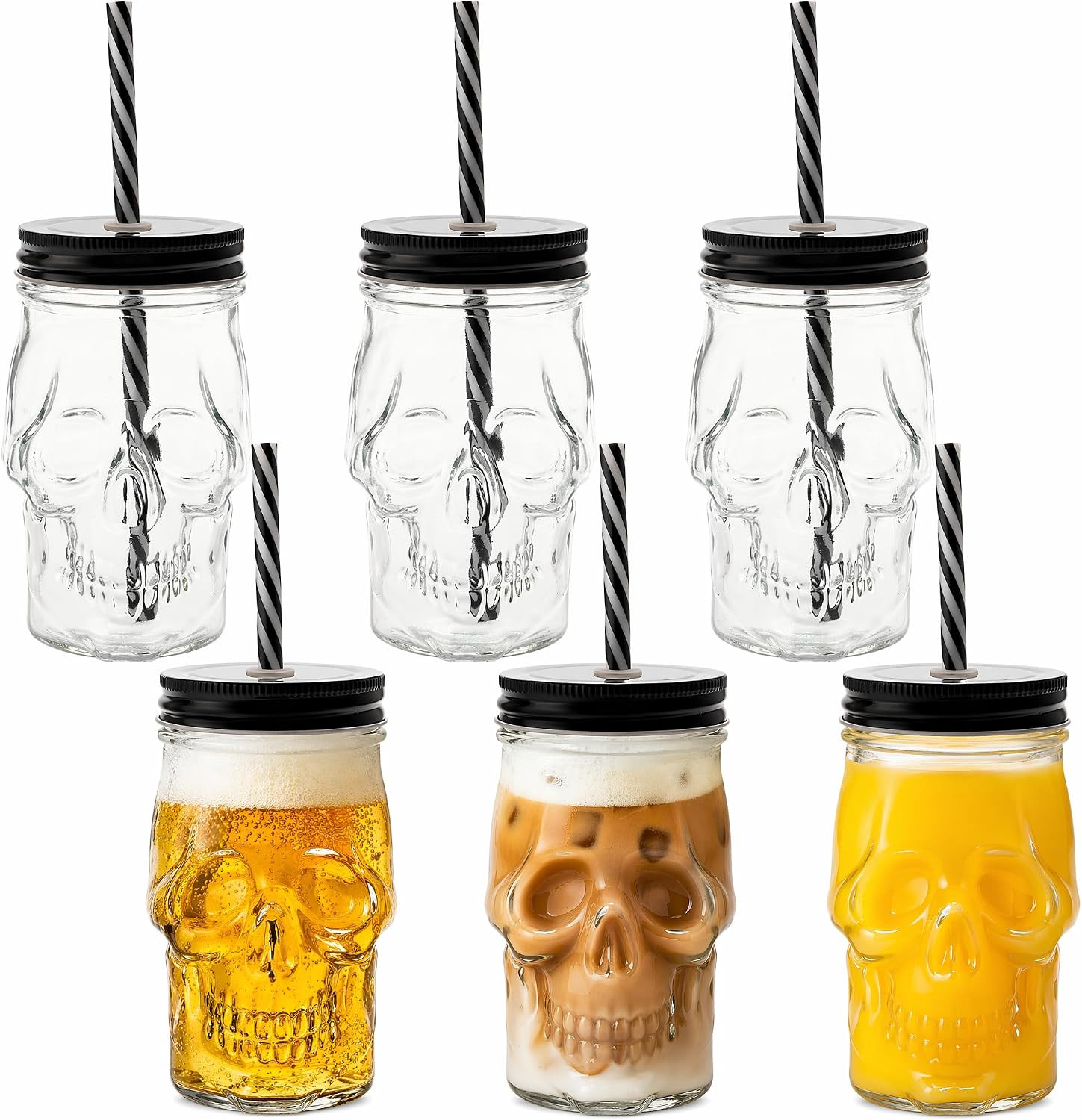 TOPZEA 6 Pack Mason Jars Mugs, 16 oz Glass Skull Mason Drinking Mugs Tumbler Cup with Straws Old Fashioned Jar Drinking Glasses Heavy Base for Beverage, Brandy, Liquor, Jello | Amazon (US)