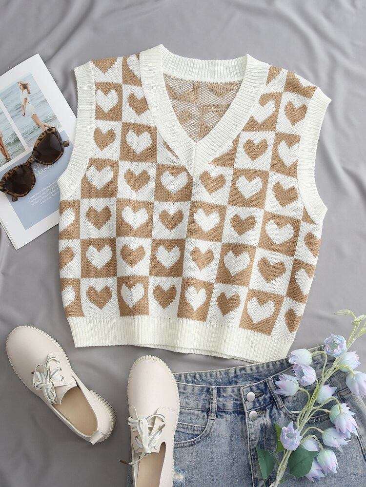 Heart & Checker Pattern Sweater Vest | SHEIN
