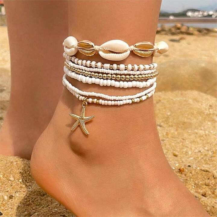 7pcs Bohemian Style Seashell & Beaded Woven Anklet Set, Beach Theme Starfish & Rice Bead Foot Jew... | SHEIN