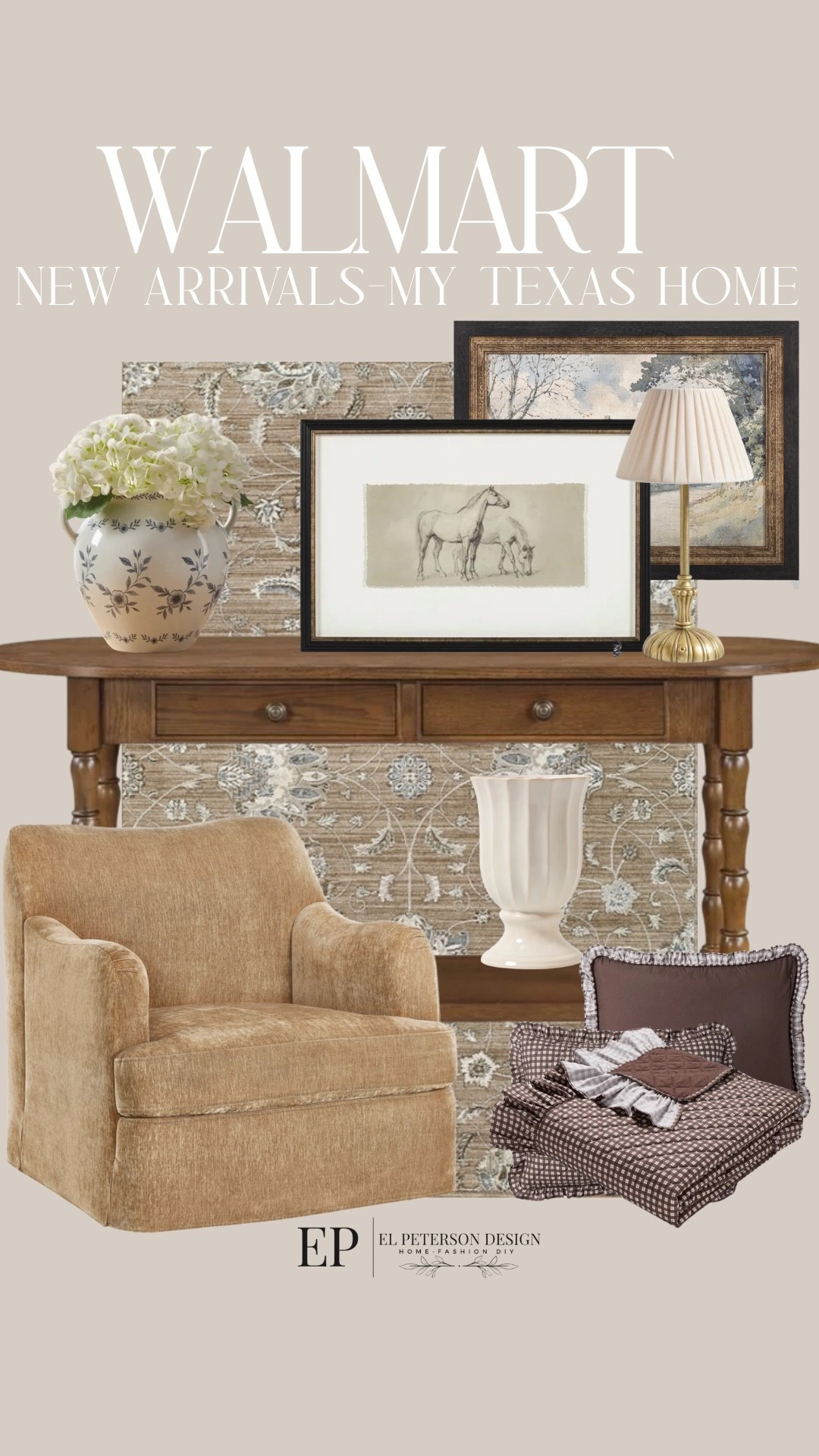 Walmart
New Arrivals
Artwork
Console table 
Accent Chair
 Vase
Table lamp
Rug
Quilt set

#LTKHome