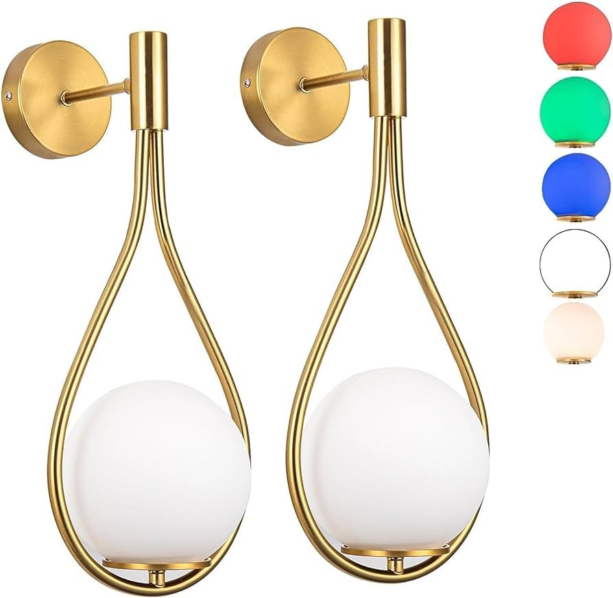 Pack Wall Sconces/Wall Lights, Not Hardwired Brass Gold -White Glass Globe Wall Lamps, Wireless L... | Amazon (US)
