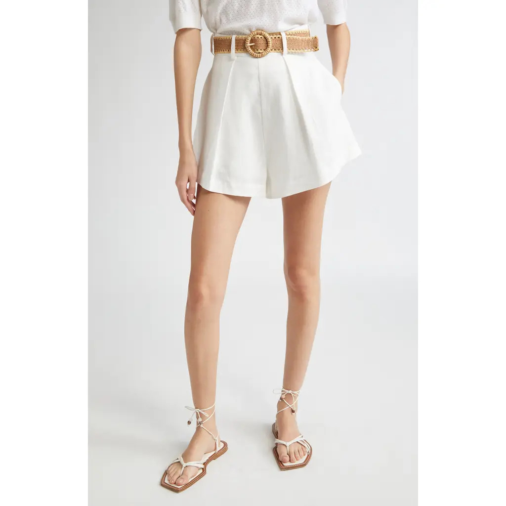 Zimmermann Acacia Belted Linen Tuck Shorts in Ivory at Nordstrom, Size 0 | Nordstrom
