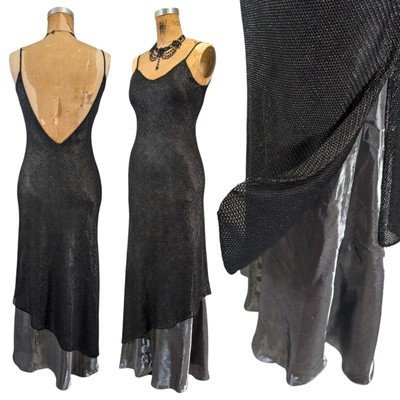 Vtg 90s Prom Dress M Bias Cut Black Silver Metallic Mesh Layered Low Back V Neck | eBay | eBay US