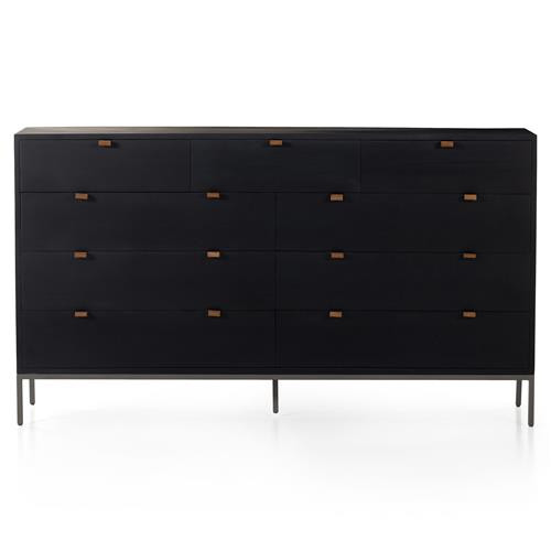 Theodore Industrial Loft Black Wood Grey Iron Leather Pulls 9 Drawer Dresser | Kathy Kuo Home