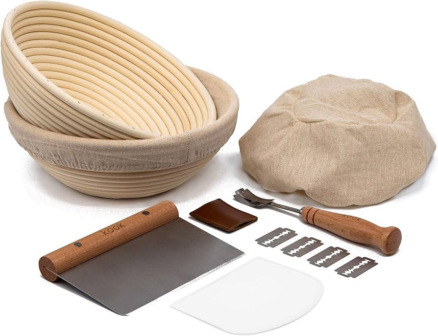 Proofing Set, by Kook, Sourdough Bread, 2 Rattan 9 Inch Banneton Baskets, 2 Basket Covers, Metal ... | Amazon (US)