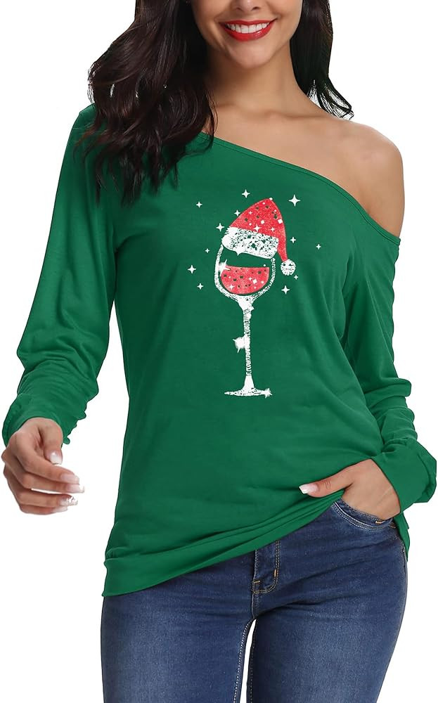 LYHNMW Women's Sexy Off Shoulder Long Sleeve Christmas Letter Print T-Shirt Tunic Tops Holiday Me... | Amazon (US)