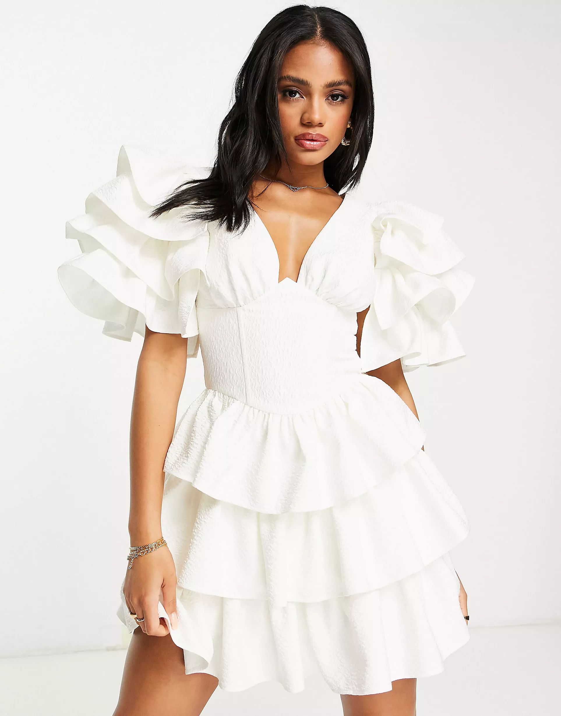 ASOS LUXE jacquard ruffle sleeve and ruffle pep corset mini dress in white | ASOS (Global)
