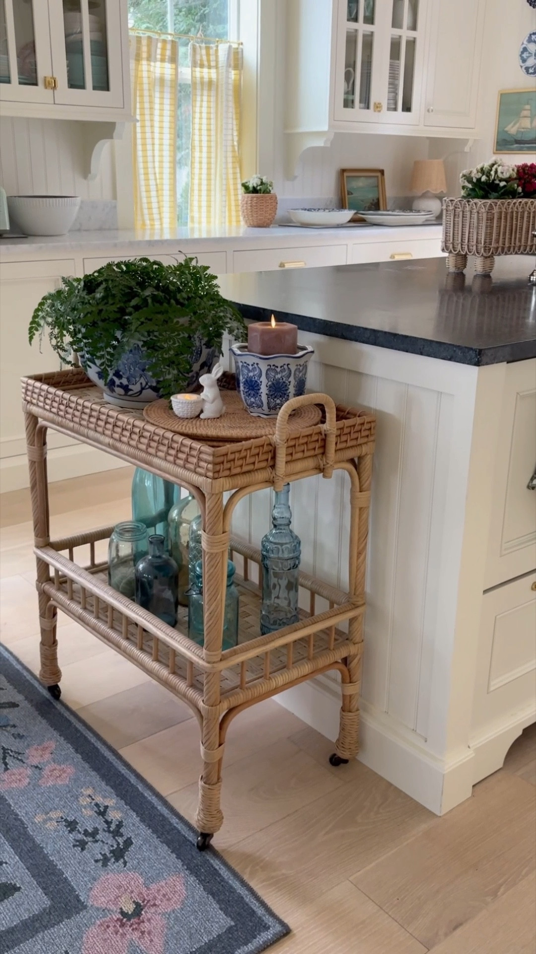 Rattan cart, blue and white planters, floral rug, cafe curtains and more kitchen and dining sources 

#LTKWatchNow #LTKSaleAlert #LTKHome